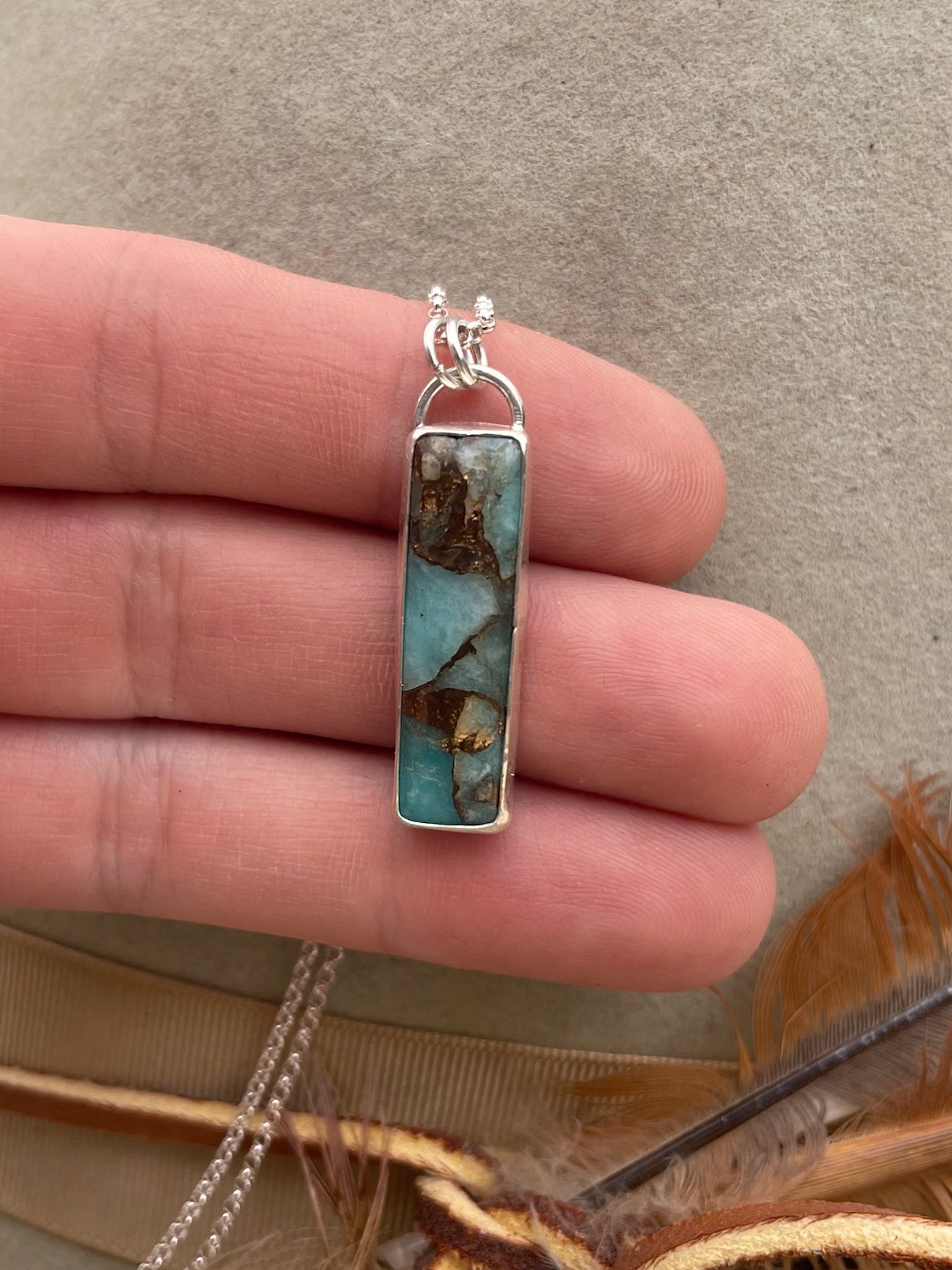 amazonite and bronze rectangle pendant on dainty rolo chain