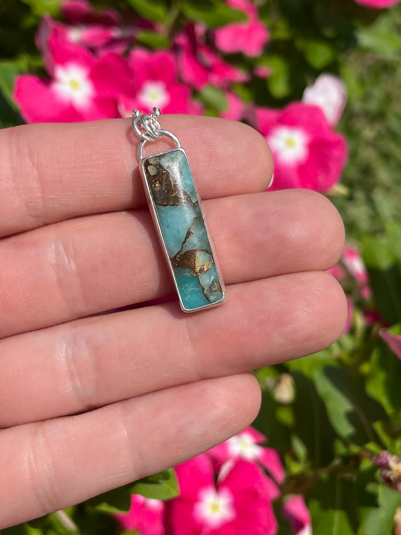 amazonite and bronze rectangle pendant on dainty rolo chain