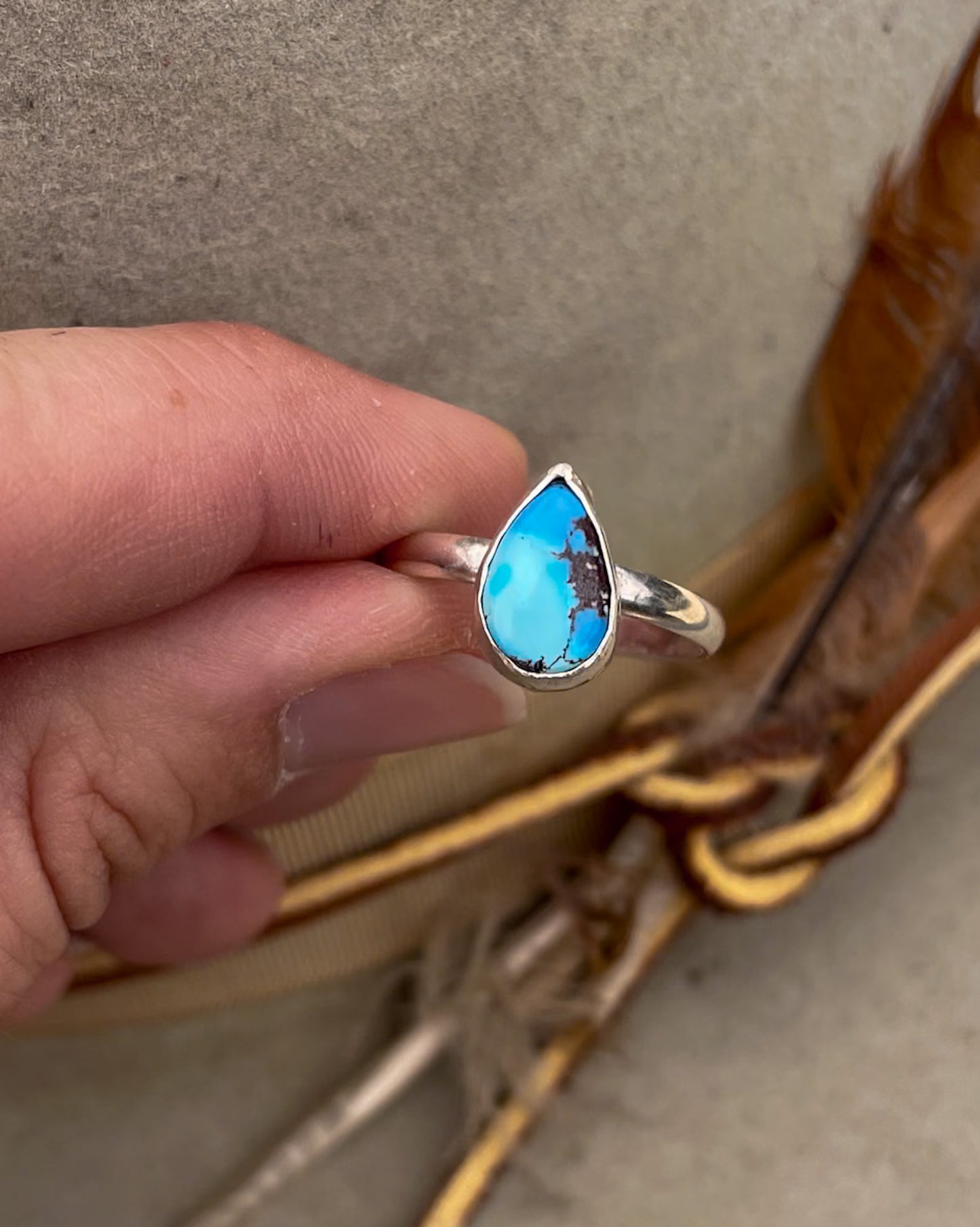 small golden hills turquoise pear ring on chunk silver band