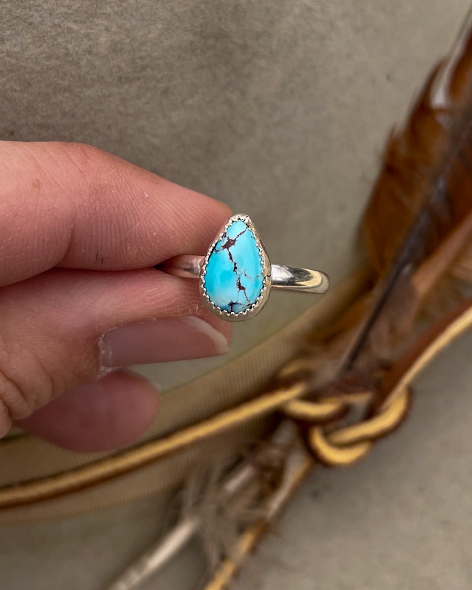 small golden hills turquoise pear ring on chunk silver band