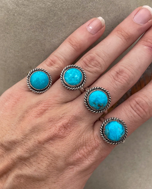 four round kingman turquoise rings with twist rope border on silver halfround band