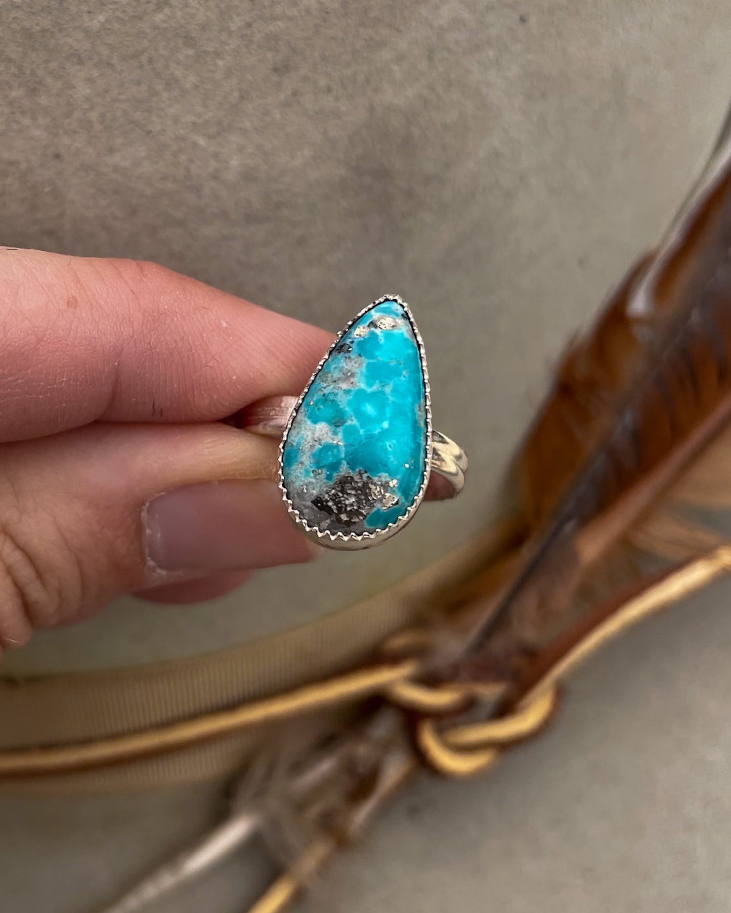 elongated pear white water turquoise ring on double half round band