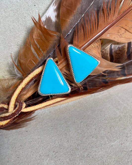 triangular sleeping beauty turquoise stud earrings on brown feather