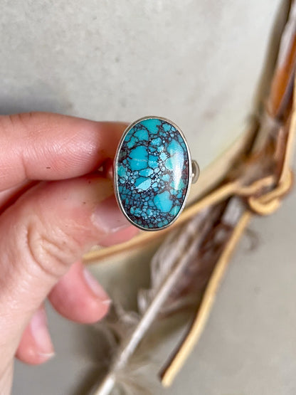 natural egyptian turquoise oval ring set in smooth bezel held in hand