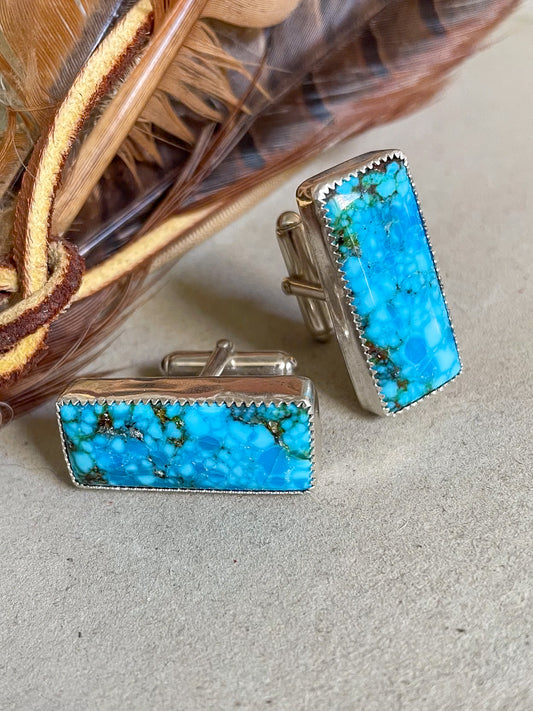bright blue turquoise mountain bar cufflinks in serrated bezels with bullet lever backs
