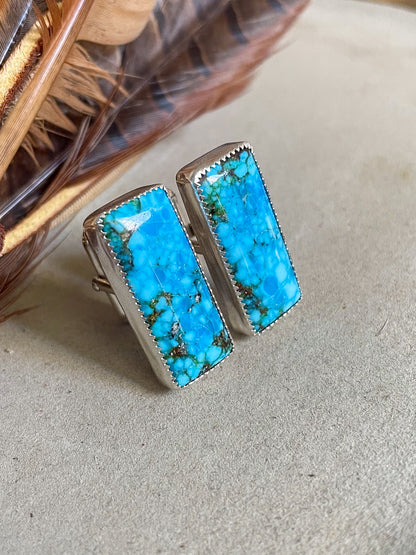 bright blue turquoise mountain bar cufflinks in serrated bezels with bullet lever backs
