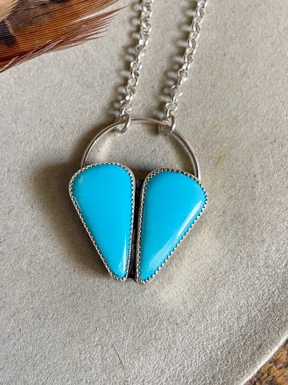 two stone sleeping beauty turquoise heart cluster pendant on chunky rolo chain