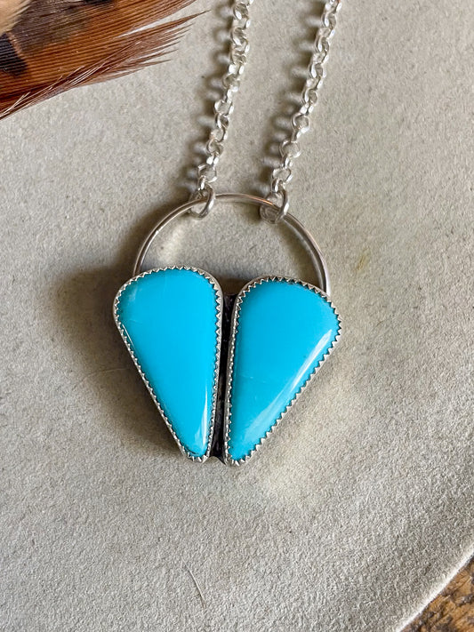 two stone sleeping beauty turquoise heart cluster pendant on chunky rolo chain