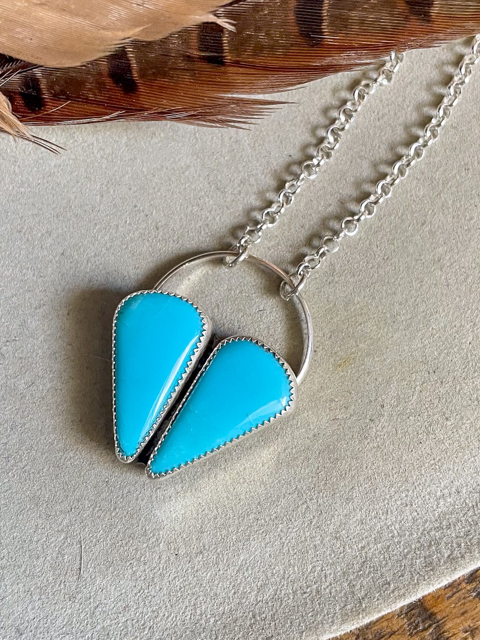 two stone sleeping beauty turquoise heart cluster pendant on chunky rolo chain