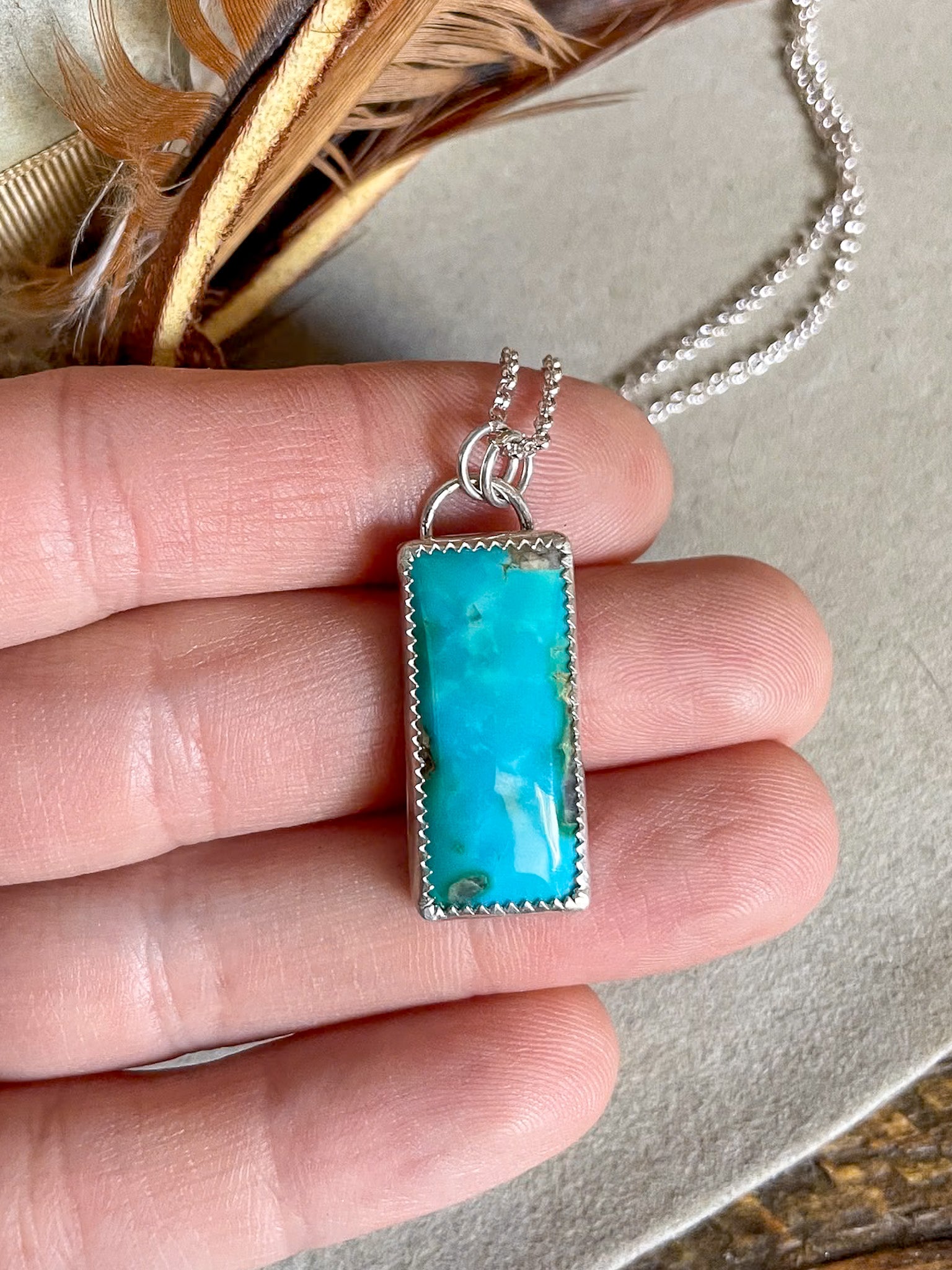 teal blue turquoise vetical bar pendant on dainty rolo chain