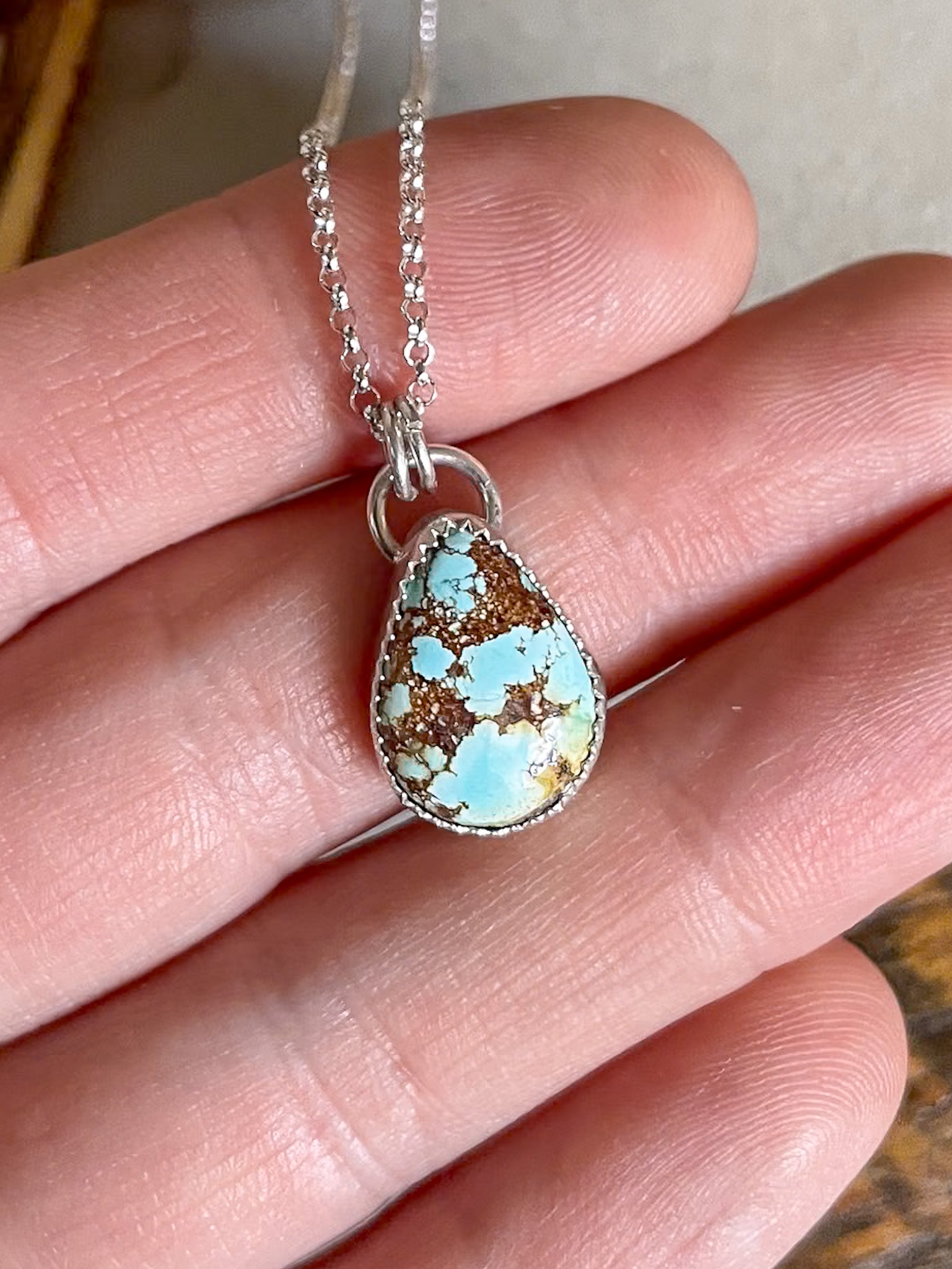 Golden Hills Turquoise necklace with teardrop-shaped turquoise pendants on dainty rolo chain