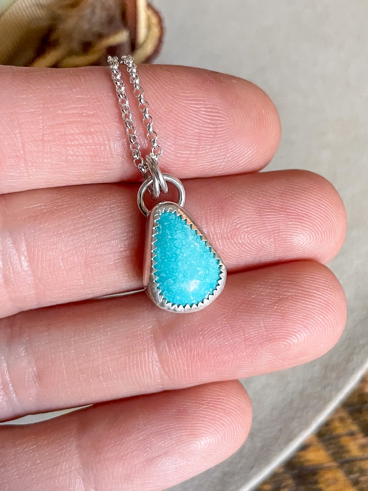 White Water Turquoise necklace with teardrop-shaped turquoise pendants on dainty rolo chain