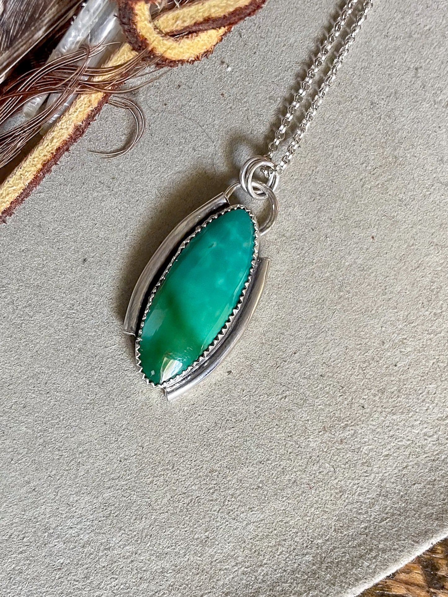 green marquise Kingman turquoise necklace with offset open silver frame on dainty rolo chain