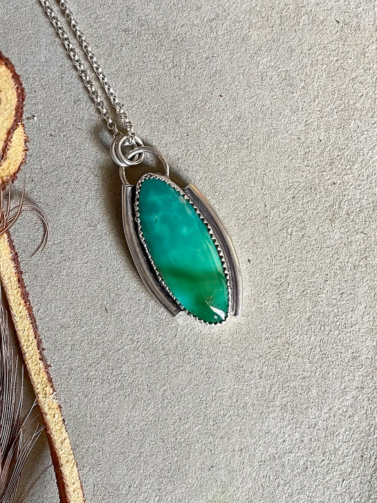 green marquise Kingman turquoise necklace with offset open silver frame on dainty rolo chain