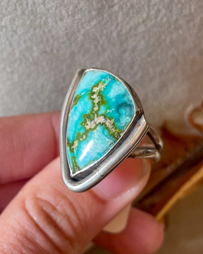 blue sonoran gold turquoise asymmetrical triangular ring with border on split shank band