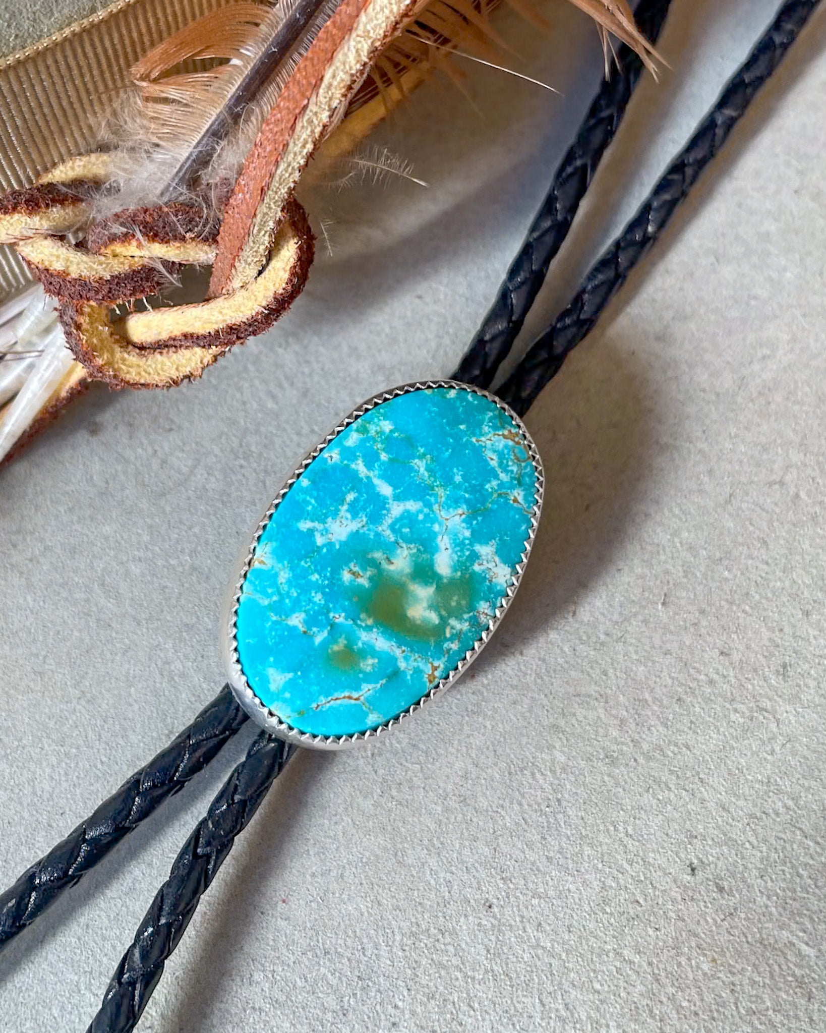 Sierra Bella Turquoise Bolo on Black leather bolo cord