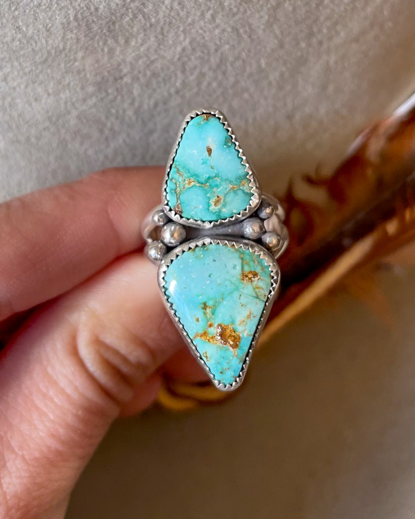 Turquoise Mountain double stone ring with silver band and hand forged accents