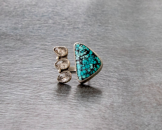 Hubei Turquoise and Tourmalinated Quartz Statement Ring Size 6