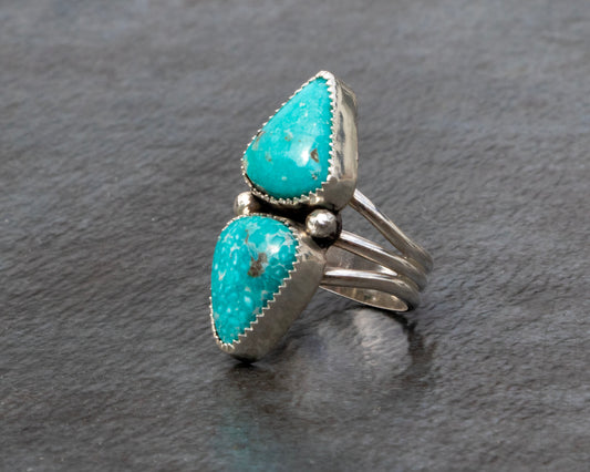Chunky White Water Turquoise Two Stone Ring Size 7
