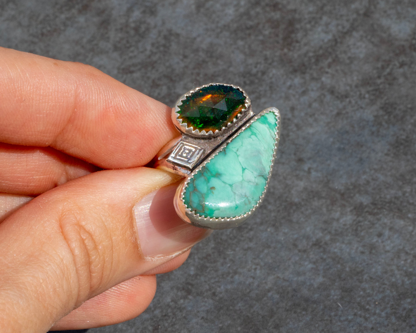 Broken Arrow Turquoise and Black Opal Ring Size 8