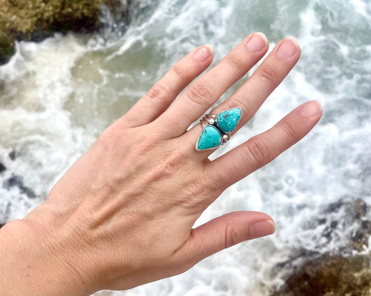 Chunky White Water Turquoise Two Stone Ring Size 7